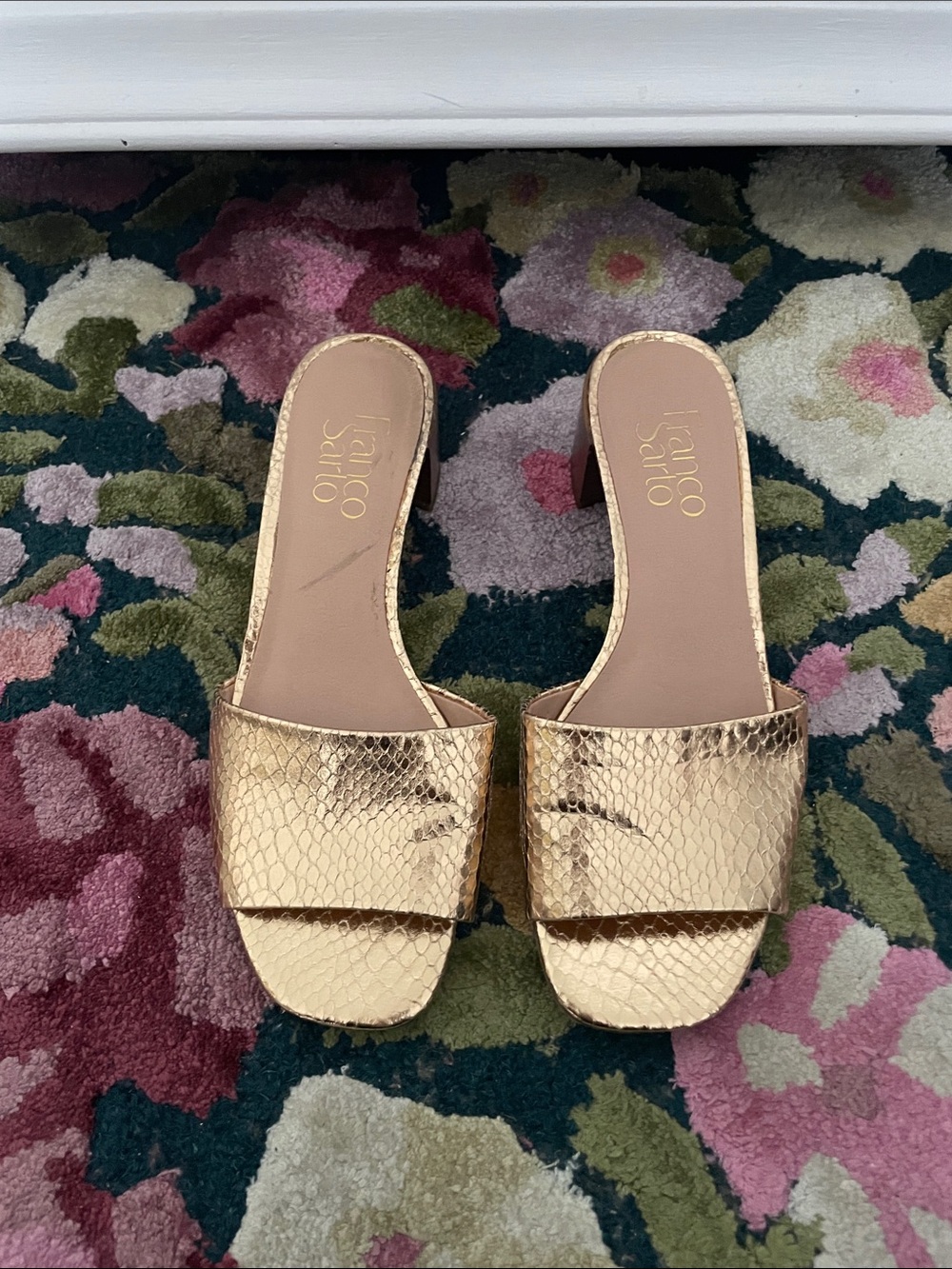 Franco Sarto Metallic Gold Snake-Embossed Slide Mules